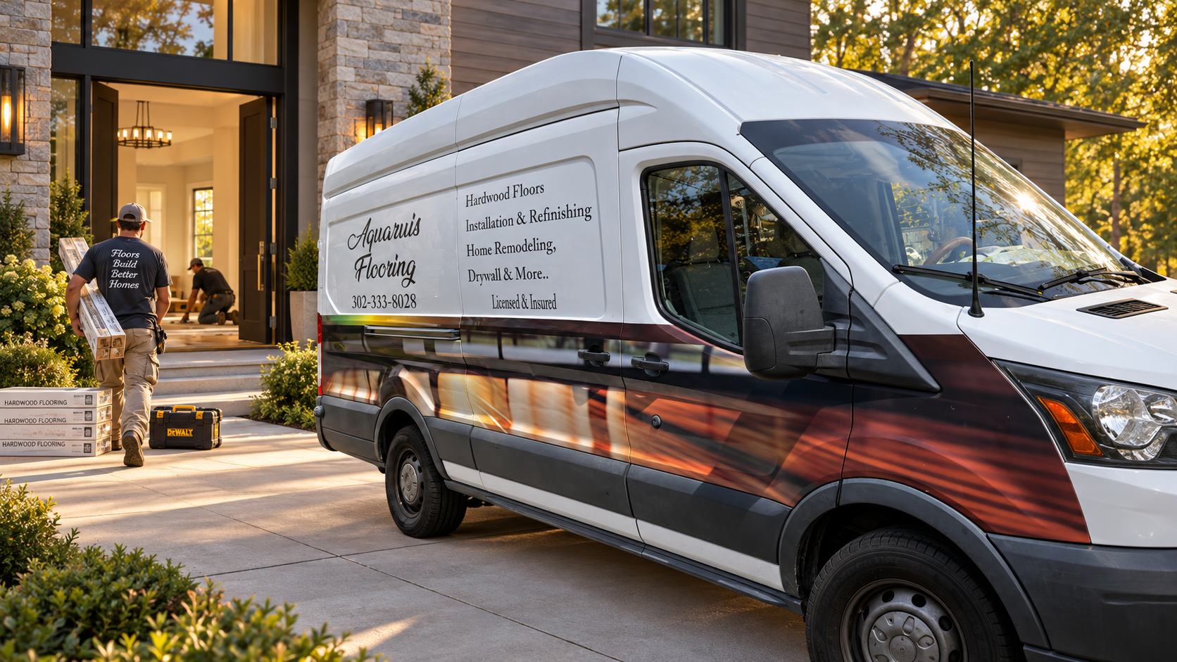 Original Aquarius Flooring truck in a professional residential installation scene